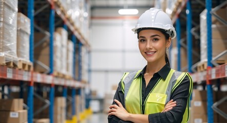 Portrait of a smiling female warehouse worker with arms crossed. Young woman in hard hat and safety vest in logistics center. Industrial distribution and supply chain concept