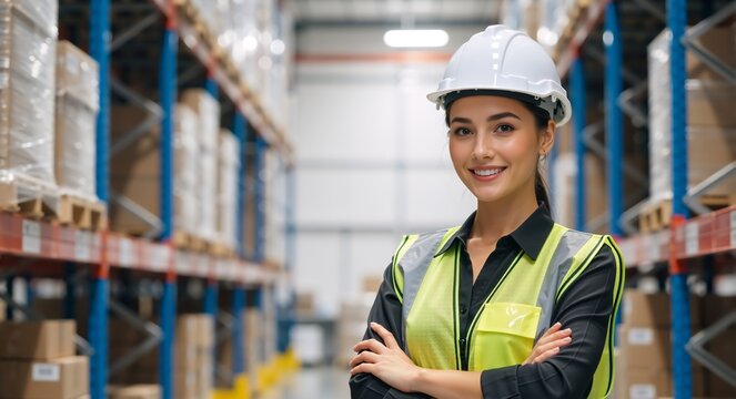 Portrait of a smiling female warehouse worker with arms crossed. Young woman in hard hat and safety vest in logistics center. Industrial distribution and supply chain concept