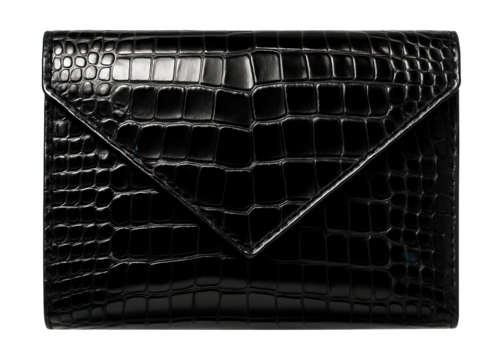 Shiny crocodile-embossed clutch featuring an envelope-style flap.