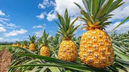 Obraz premium Pineapple Farm with Ripe Fruits Under Bright Blue Sky and Clouds