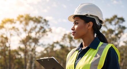 Female construction worker inspecting a site outdoors. Young woman engineer with hard hat and clipboard. Profile view