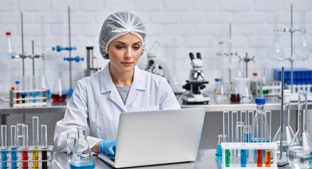 Female scientist working on a laptop in a modern laboratory. Professional researcher analyzing data with chemical equipment and microscope. Science and technology concept