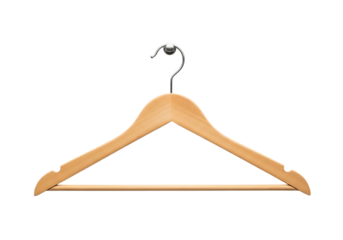 Classic wooden clothes hanger with shiny metal hook for garments