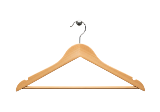 Classic wooden clothes hanger with shiny metal hook for garments