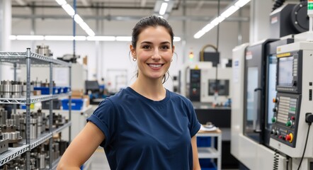 Portrait of a smiling female engineer in a modern factory. Young woman worker standing near CNC machine and metal parts. Industrial manufacturing concept