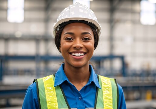 Portrait of a happy female industrial worker wearing a hard hat and safety vest in a factory. Smiling African American woman engineer or supervisor in a warehouse - Powered by Adobe