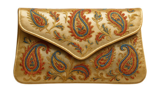 Silk clutch with detailed paisley embroidery.