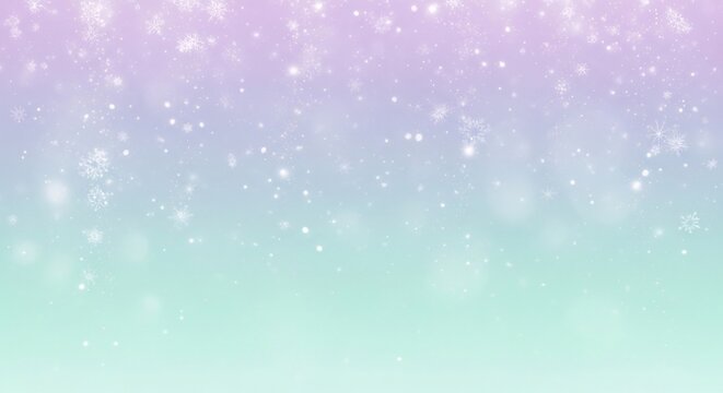 Snowflakes cascade on a pastel gradient of purple  teal bokeh adds softness