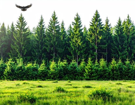 Forest edge, green meadow, bird soaring above the trees