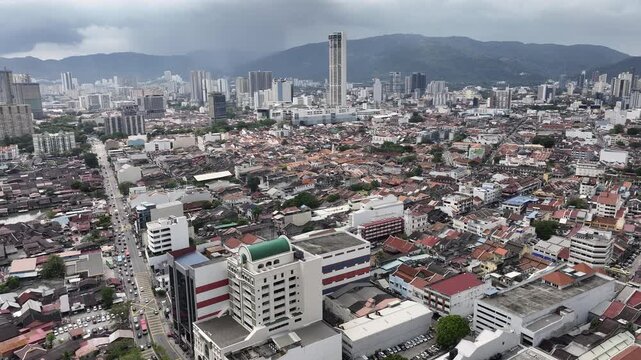 cloudy sky sunny day time penang island george town traffic cityscape aerial panorama 4k malaysia