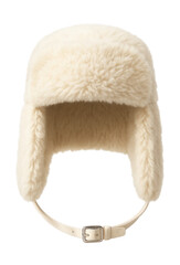 Cream faux fur trapper hat with ear flaps and buckle closure.