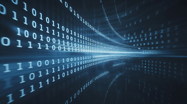 Dynamic stream of binary code flowing in cyberspace, perfect for technology, data science, innovation, and digital transformation presentations and visual materials