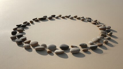 smooth pebble arrangement in perfect circular formation on pale sand, natural organic symmetry, soft diffusion light, clean calming minimalism