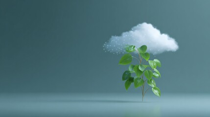 Growing greenery plant under cloud digital art minimalistic environment conceptual viewpoint