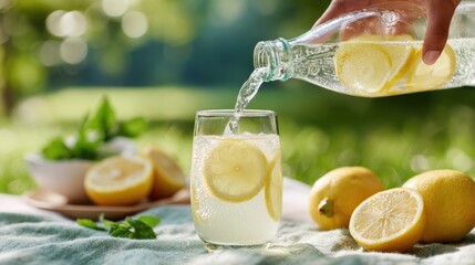 Refreshing Summer Lemonade Being Poured Outdoors with Fresh Lemons and Mint for a Relaxing Picnic