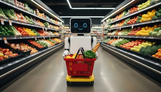 A humanoid robot stands among the display cases of vegetables and fruits, holding a bright basket of groceries, behind the rows of fresh produce in the supermarket, a clean hall.