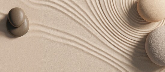 soft beige sand surface with delicate raked circular patterns, gentle stone tones, organic symmetrical rings flowing outward, minimalist zen