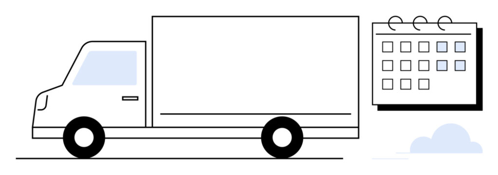 Cargo truck and calendar emphasize transportation, logistics, delivery schedule, time management, and organization. Ideal for shipping, business planning, e-commerce, supply chain logistics