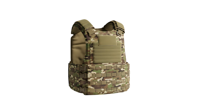 Camouflage military tactical vest for protection and security isolated on transparent background