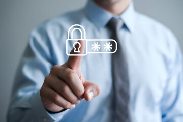 Man pointing at a digital padlock and password interface in a light blue dress shirt and gray tie