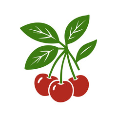 Obraz premium Cherry branch with three fruits and leaves. Flat vector illustration of red cherries for food, summer and natural design themes