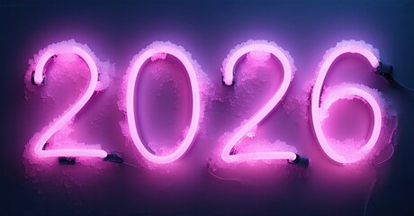 Bright pink neon sign displays year 2026. Dark background emphasizes glowing numbers, creating vibrant visual impact.