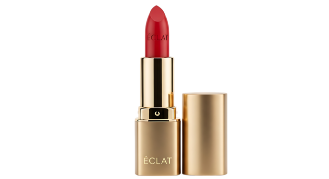 Elegant red lipstick in gold tube isolated on transparent background for beauty products