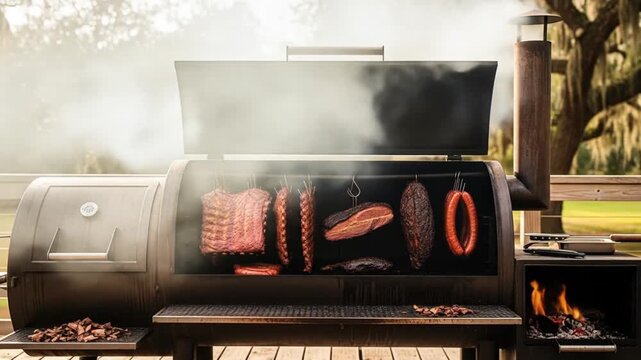 Smoker cooking meat and sausages outdoors.