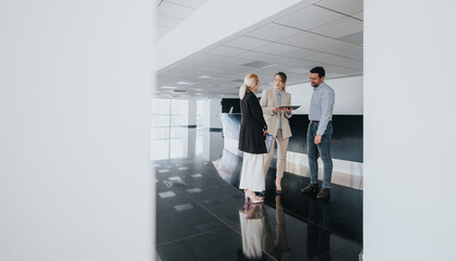 Three coworkers stand in a bright, modern office lobby, discussing a tablet and planning together. The polished, reflective floor adds a sense of professionalism and collaborative energy.
