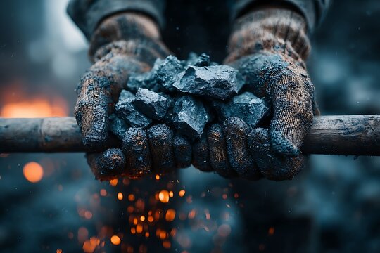 Worker hands holding coal over a burning furnace