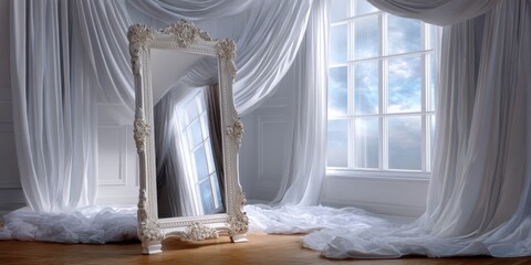 Elegant white standing mirror reflecting soft natural light in a bright room adorned with sheer curtains and a light wooden floor