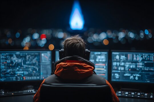 Control room operator monitoring network data at night