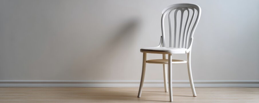 Minimalist white dining chair placed gracefully against a soft gray wall, exuding simplicity and elegance