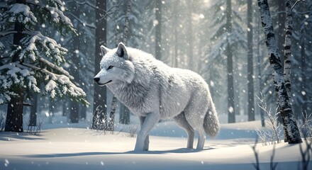 Obraz premium Majestic white wolf walks through a snowy winter forest bathed in soft light.