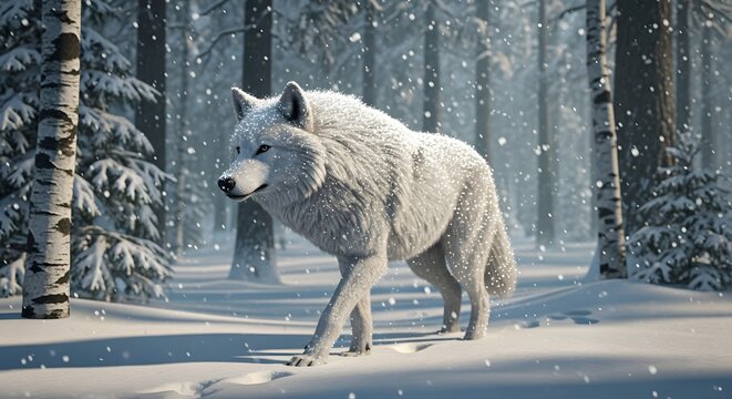Majestic white wolf walks through a snowy winter forest with falling snowflakes.
