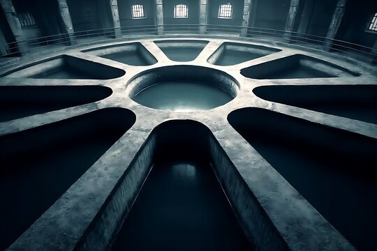 Panopticon prison architecture with water and surveillance system