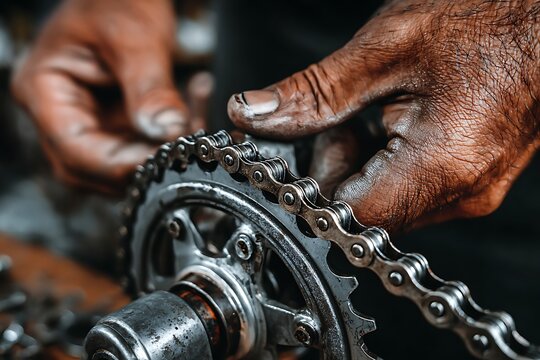 Mechanic hands repairing bicycle chain and gear