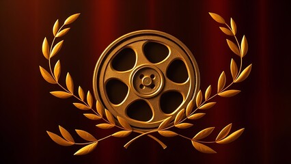 encircling. Golden laurel wreath encircling a film reel, warm lighting and elegant composition. event programs, museum guides, designed for cultural heritage projects and event programs.