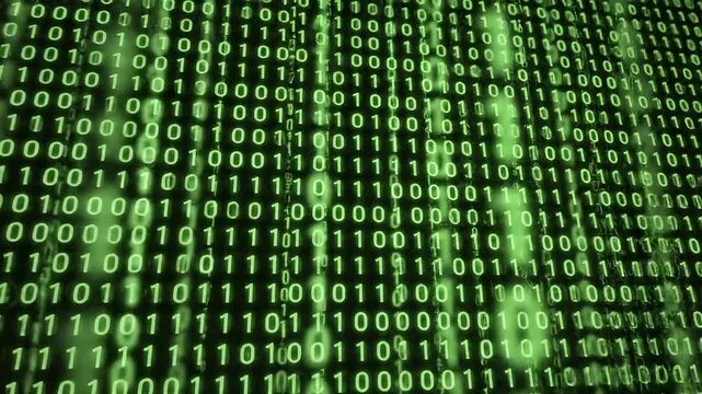 Digital stream of glowing green binary code flowing on a dark background, representing data and technology.