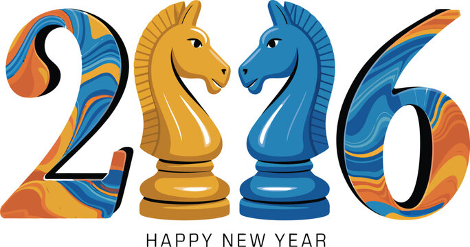 Vibrant 2026 Happy New Year greeting with colorful chess knight symbols for a modern twist