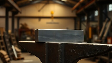 anvil. A solid metal block resting on an anvil in an industrial setting. safety posters, maintenance manuals, designed for precision metalworking and fabrication facilities, supports safety.