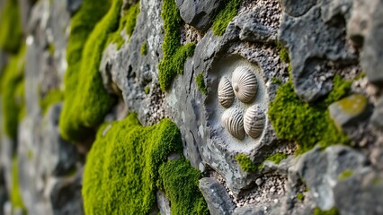 fossilized. Ancient stone wall covered in green moss with fossilized shell impressions. gardening catalogs, home-decor guides, designed for home decor and floral branding, celebrates nature.