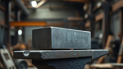 anvil. A solid metal block resting on an anvil in an industrial setting. safety posters, maintenance manuals, designed for precision metalworking and fabrication facilities, supports safety.
