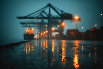 Fototapeta premium Wet port at night reflecting city lights