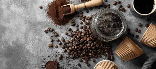 Overhead view of coffee beans, ground coffee, and coffee cups.