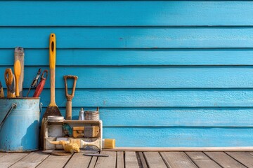 Painting tools against a blue wooden wall background.