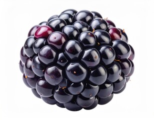 Glossy, dark blackberry cluster, small red core on white