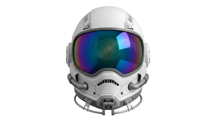 Futuristic white astronaut helmet with iridescent visor isolated on transparent background