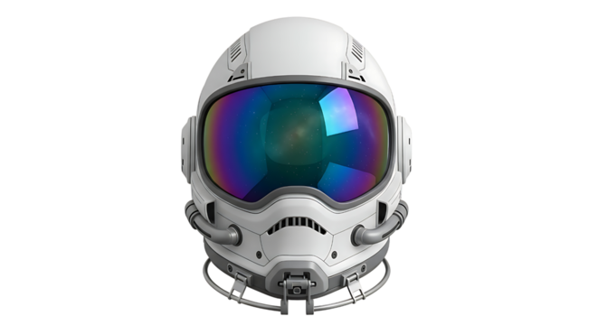 Futuristic white astronaut helmet with iridescent visor isolated on transparent background