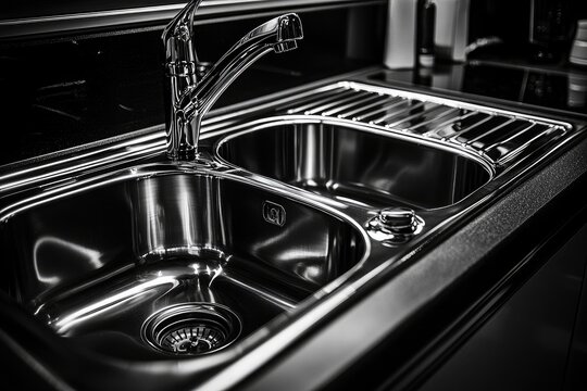 stainless steel kitchen sink with sleek design and high-contrast lighting for commercial and home decor